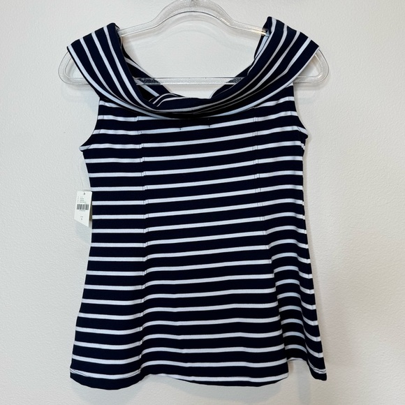 Maeve Blue and White Off-the-Shoulder Fitted Blouse - Picture 5 of 13